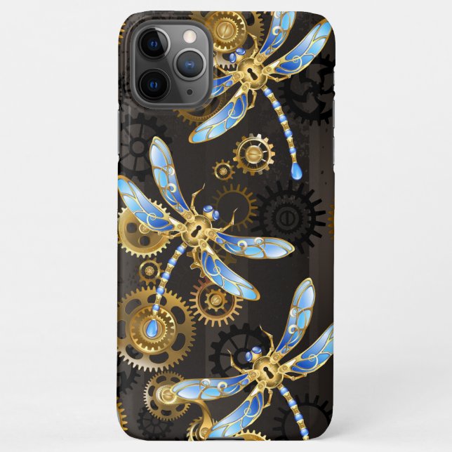 Steampunk Dragonflies on brown striped background iPhone Case (Back)