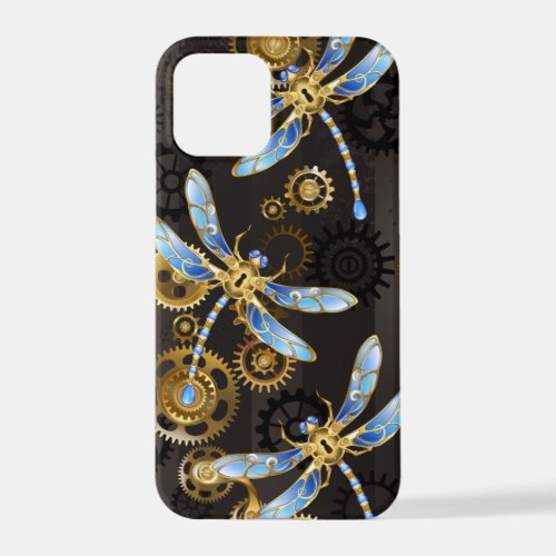 Steampunk Dragonflies on brown striped background iPhone 12 Pro Case