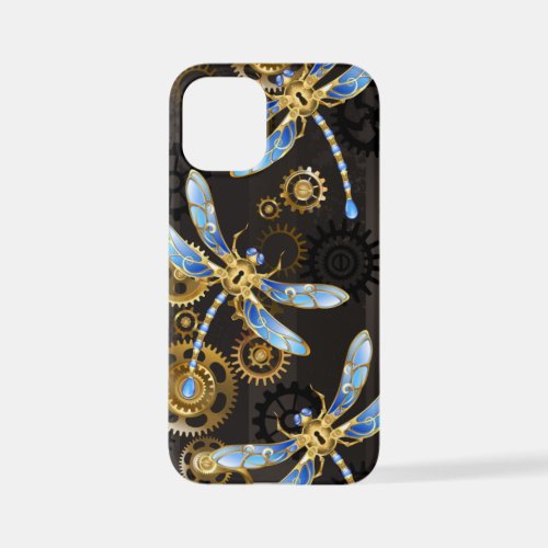 Steampunk Dragonflies on brown striped background iPhone 12 Mini Case
