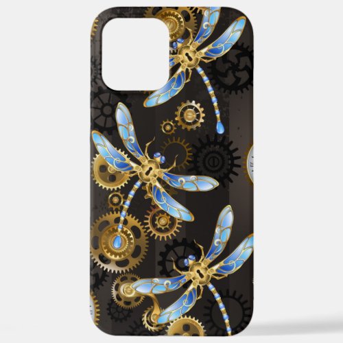 Steampunk Dragonflies on brown striped background iPhone 12 Pro Max Case