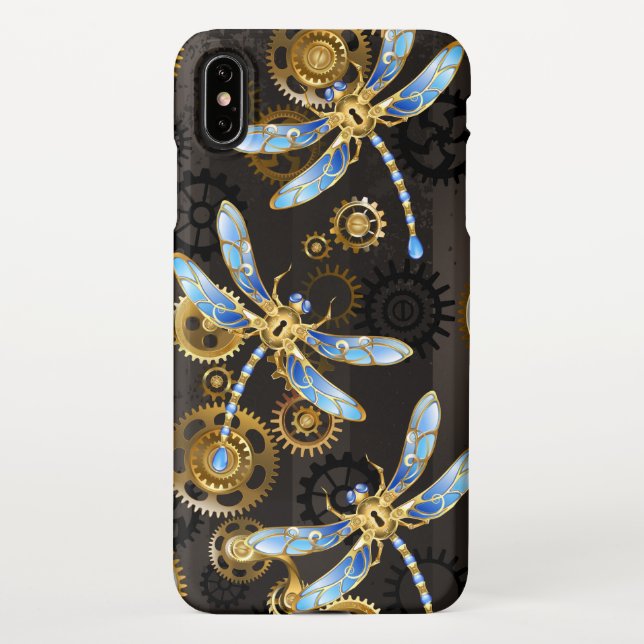 Steampunk Dragonflies on brown striped background iPhone Case (Back)