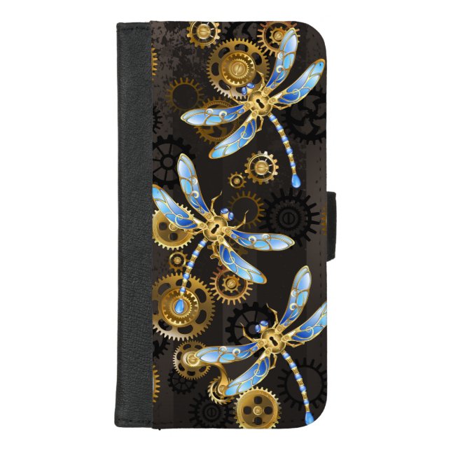Steampunk Dragonflies on brown striped background iPhone Wallet Case (Front)