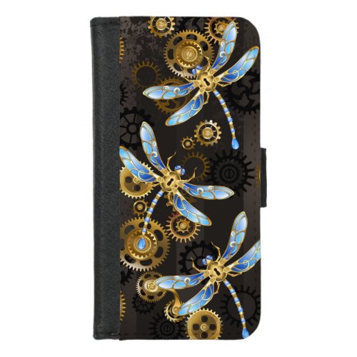 Steampunk Dragonflies on brown striped background iPhone 87 Wallet Case