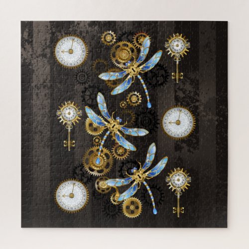 Steampunk Dragonflies on brown striped background Jigsaw Puzzle