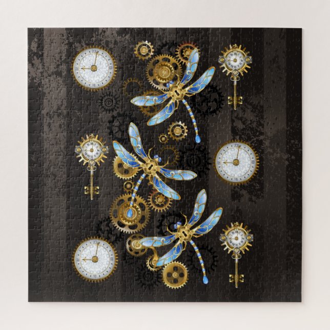Steampunk Dragonflies on brown striped background Jigsaw Puzzle (Vertical)