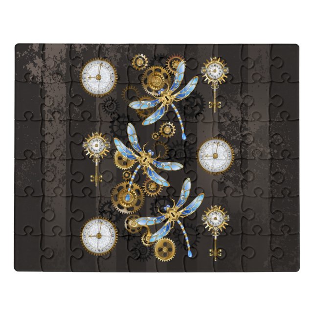 Steampunk Dragonflies on brown striped background Jigsaw Puzzle (Puzzle Horizontal)