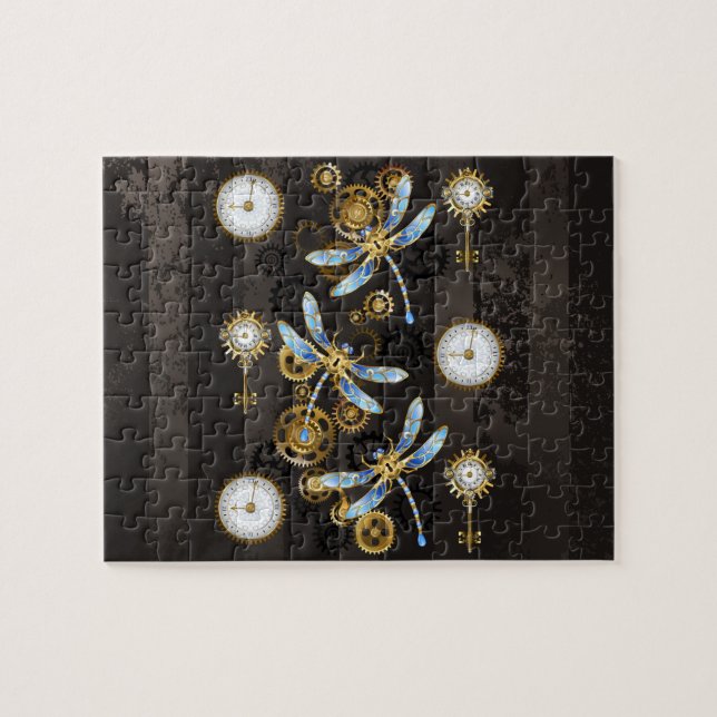 Steampunk Dragonflies on brown striped background Jigsaw Puzzle (Horizontal)