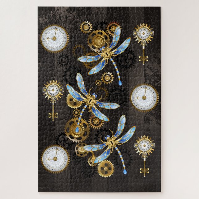 Steampunk Dragonflies on brown striped background Jigsaw Puzzle (Vertical)