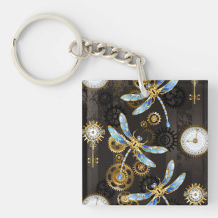 Steampunk Dragonflies on brown striped background Keychain