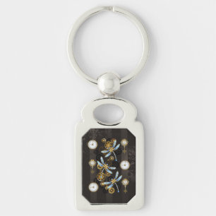 Steampunk Dragonflies on brown striped background Keychain