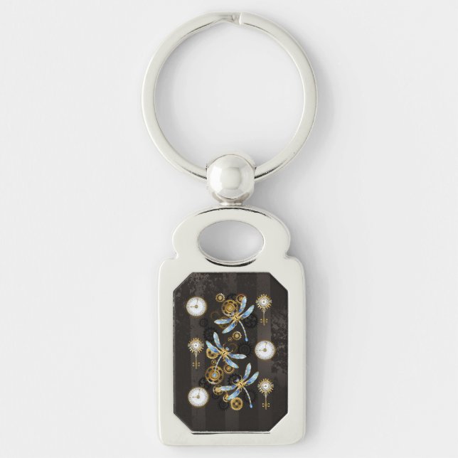 Steampunk Dragonflies on brown striped background Keychain (Front)