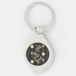 Steampunk Dragonflies on brown striped background Keychain