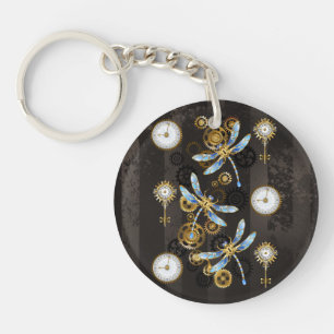 Steampunk Dragonflies on brown striped background Keychain