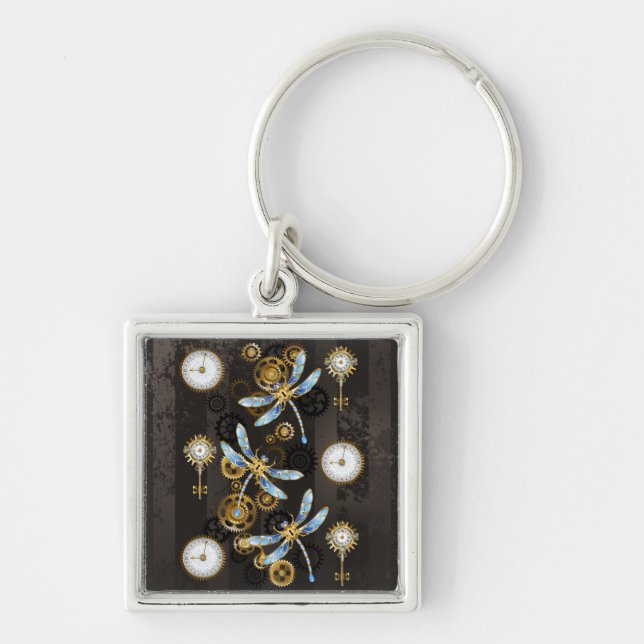 Steampunk Dragonflies on brown striped background Keychain (Front)