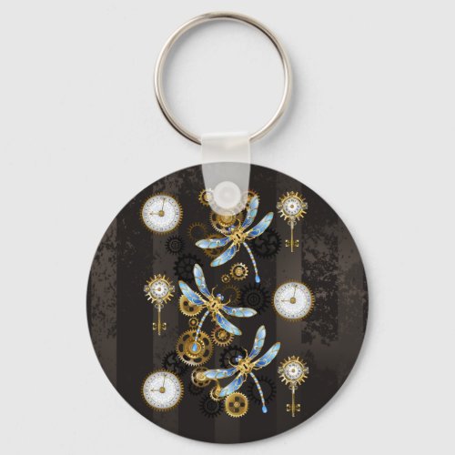 Steampunk Dragonflies on brown striped background Keychain