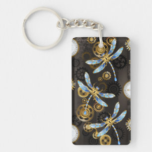 Steampunk Dragonflies on brown striped background Keychain