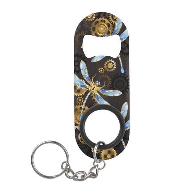 Steampunk Dragonflies on brown striped background Keychain Bottle Opener (Front)