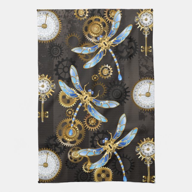 Steampunk Dragonflies on brown striped background Kitchen Towel (Vertical)