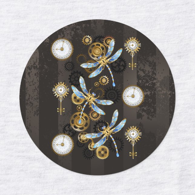 Steampunk Dragonflies on brown striped background Labels (Design 1)