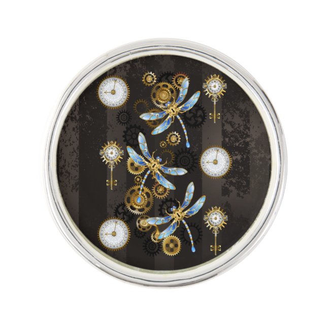 Steampunk Dragonflies on brown striped background Lapel Pin (Front)