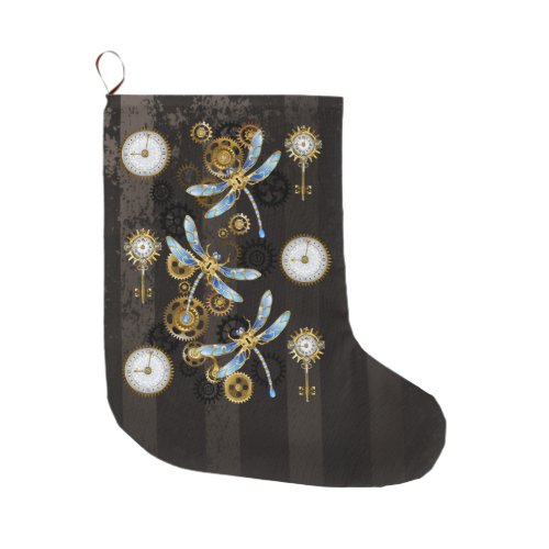 Steampunk Dragonflies on brown striped background Large Christmas Stocking