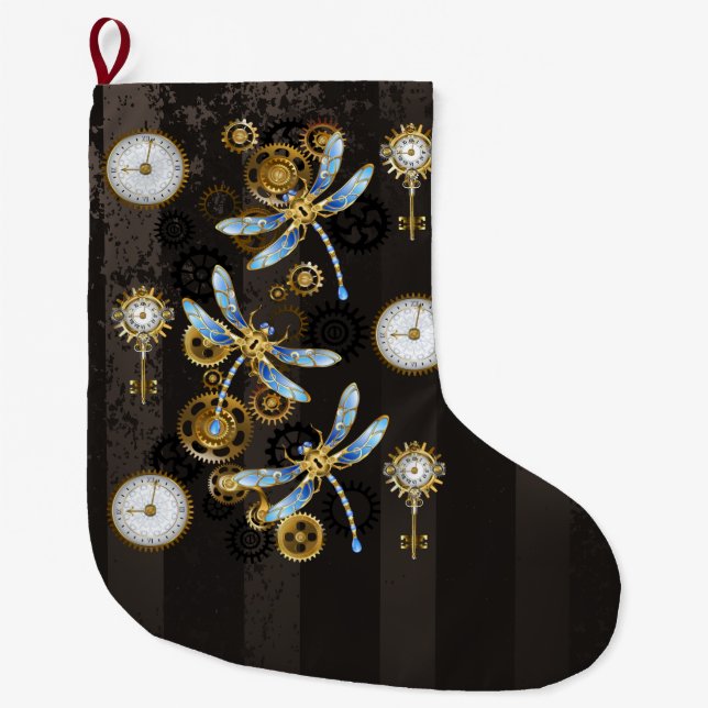 Steampunk Dragonflies on brown striped background Large Christmas Stocking (Front)