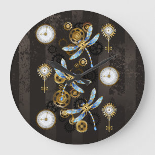 Steampunk Dragonflies on brown striped background Large Clock