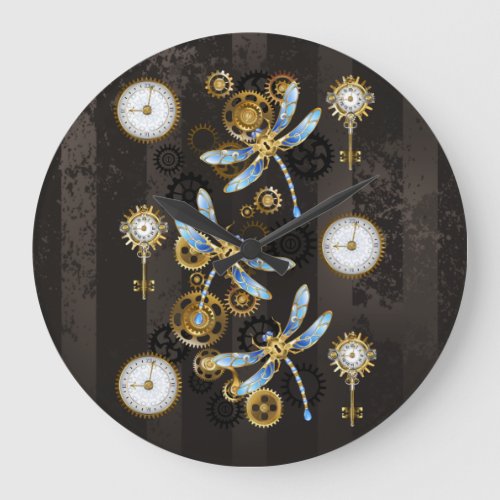 Steampunk Dragonflies on brown striped background Large Clock
