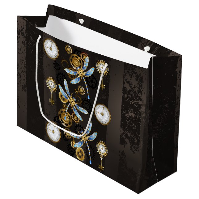 Steampunk Dragonflies on brown striped background Large Gift Bag (Front Angled)