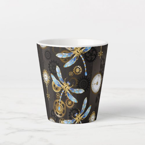 Steampunk Dragonflies on brown striped background Latte Mug