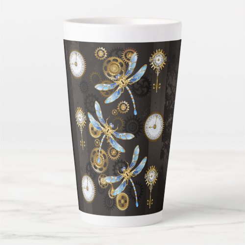 Steampunk Dragonflies on brown striped background Latte Mug