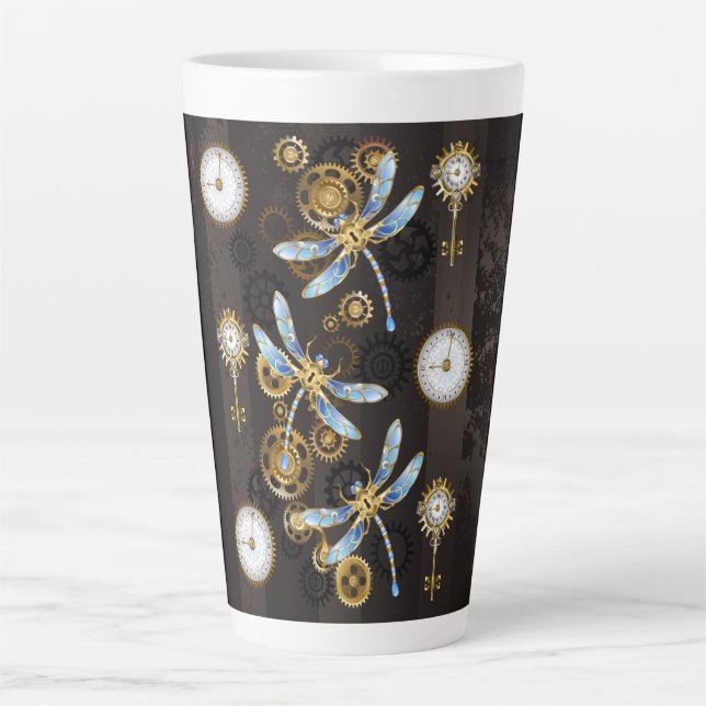 Steampunk Dragonflies on brown striped background Latte Mug (Front)