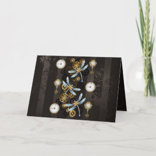 Steampunk Dragonflies on brown striped background Letterpress Thank You Card