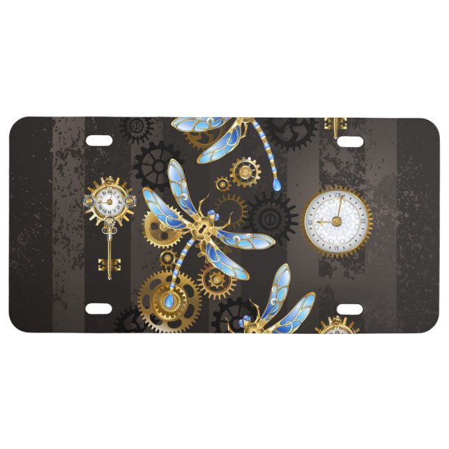 Steampunk Dragonflies on brown striped background License Plate (Front)