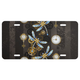 Steampunk Dragonflies on brown striped background License Plate