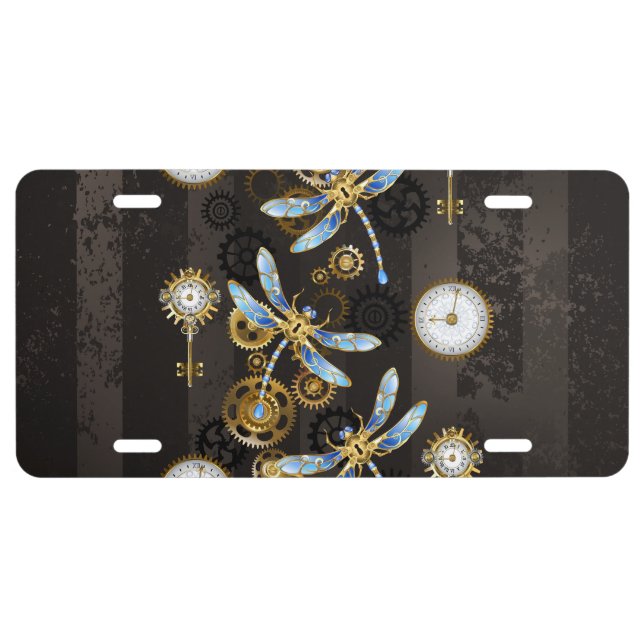 Steampunk Dragonflies on brown striped background License Plate (Front)