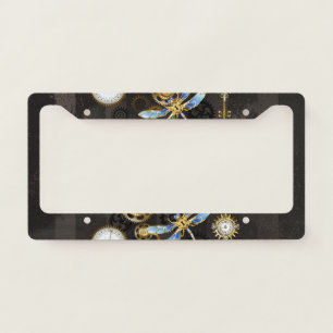 Steampunk Dragonflies on brown striped background License Plate Frame