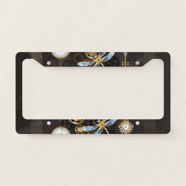 Steampunk Dragonflies on brown striped background License Plate Frame (Front)