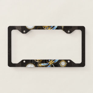 Steampunk Dragonflies on brown striped background License Plate Frame