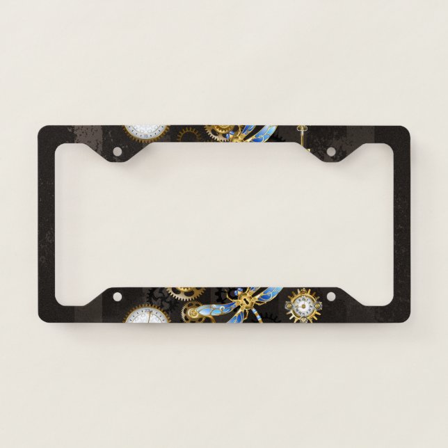 Steampunk Dragonflies on brown striped background License Plate Frame (Front)