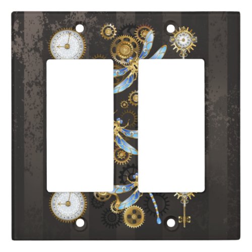 Steampunk Dragonflies on brown striped background Light Switch Cover