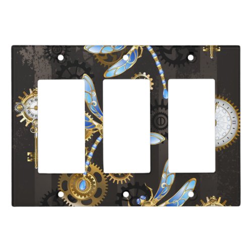 Steampunk Dragonflies on brown striped background Light Switch Cover