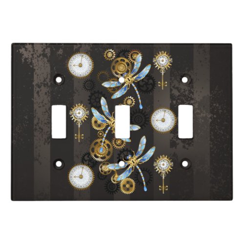 Steampunk Dragonflies on brown striped background Light Switch Cover