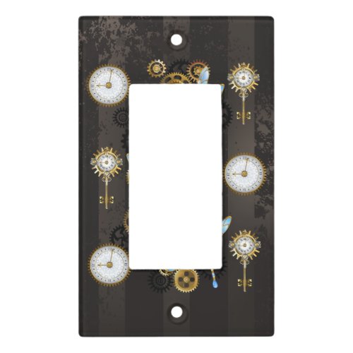 Steampunk Dragonflies on brown striped background Light Switch Cover