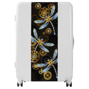 Steampunk Dragonflies on brown striped background Luggage