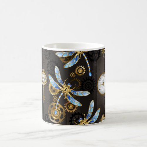 Steampunk Dragonflies on brown striped background Magic Mug