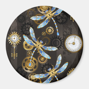 Steampunk Dragonflies on brown striped background Magnet