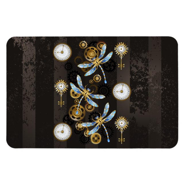Steampunk Dragonflies on brown striped background Magnet (Horizontal)