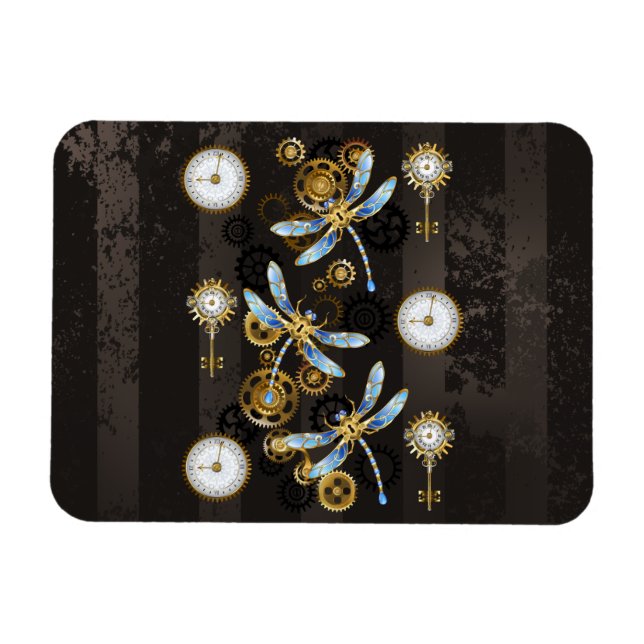 Steampunk Dragonflies on brown striped background Magnet (Horizontal)