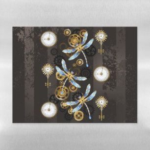Steampunk Dragonflies on brown striped background Magnetic Dry Erase Sheet